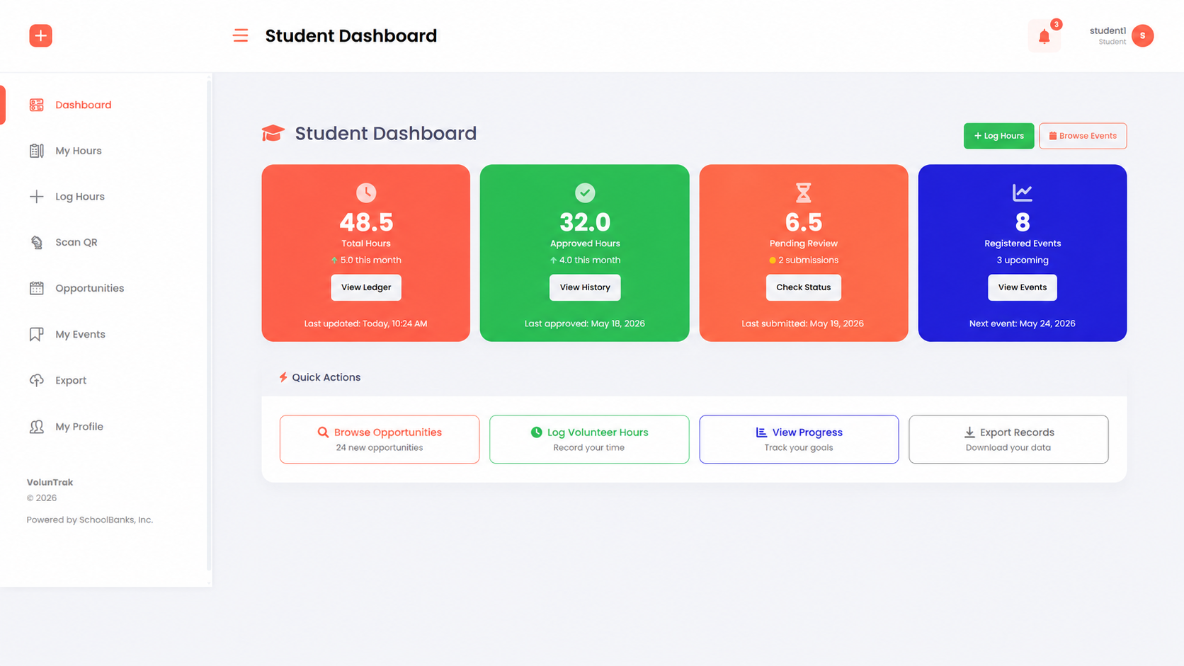 VolunTrak student dashboard showing volunteer hours ledger and progress ring