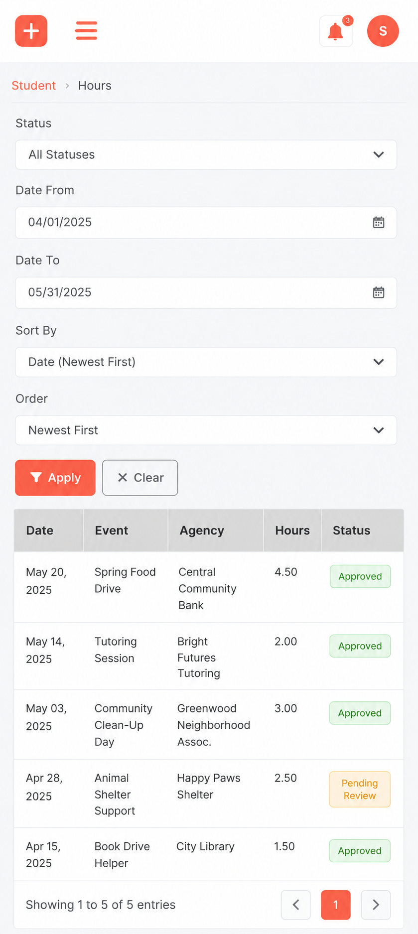 Volunteer hours tracking interface showing hour logging and progress