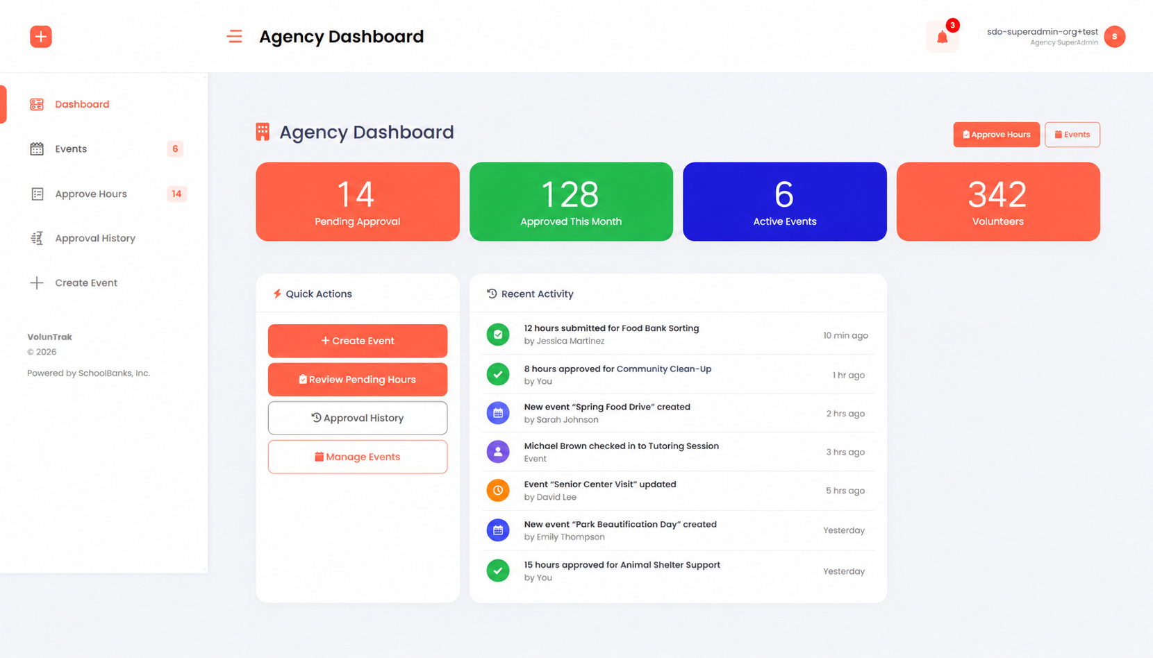 Agency dashboard overview with event management and volunteer check-in tools