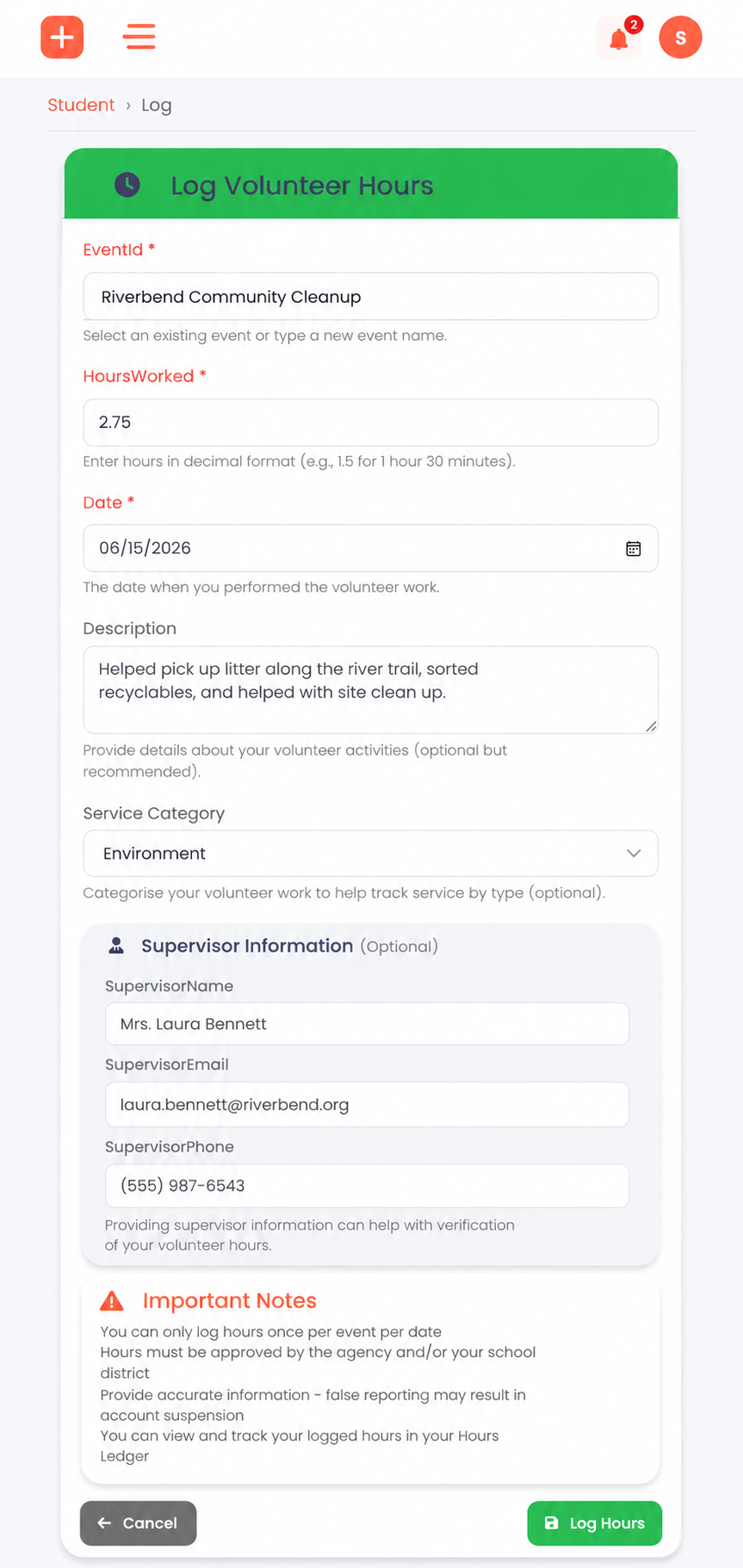 VolunTrak mobile hour logging form with date picker, hours input, and supervisor contact fields