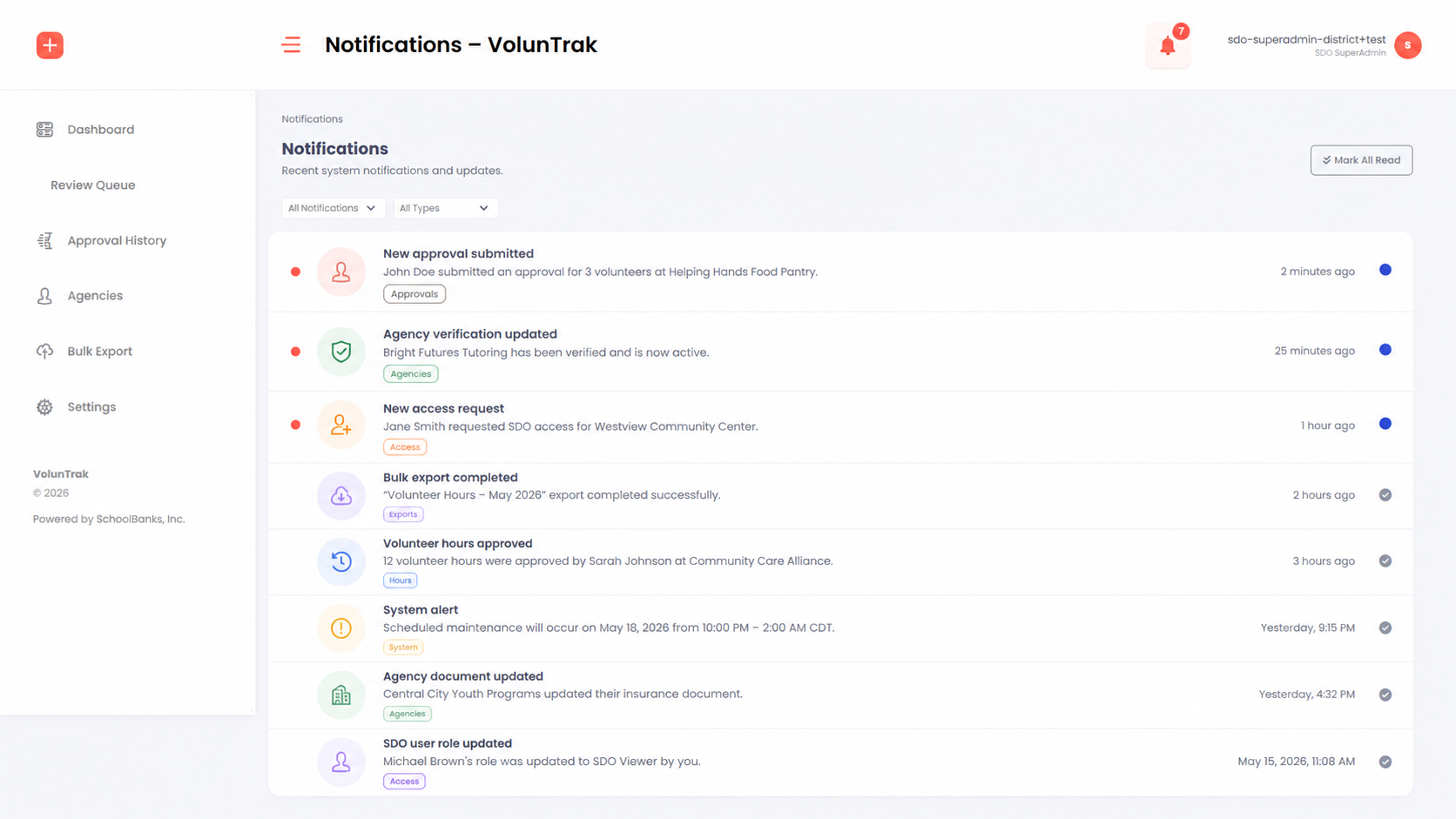 In-app notification center showing hours approved, submission flagged, and new event notifications