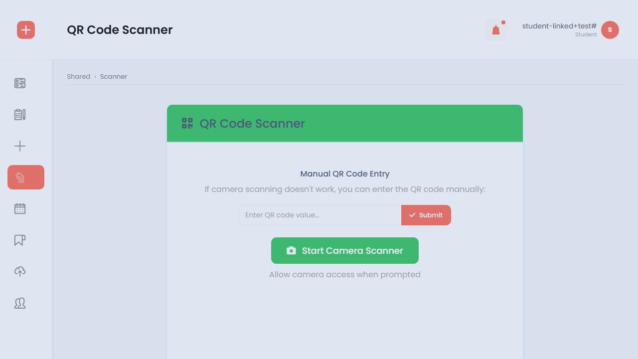 VolunTrak QR code scanner screen for event check-in, with manual entry fallback