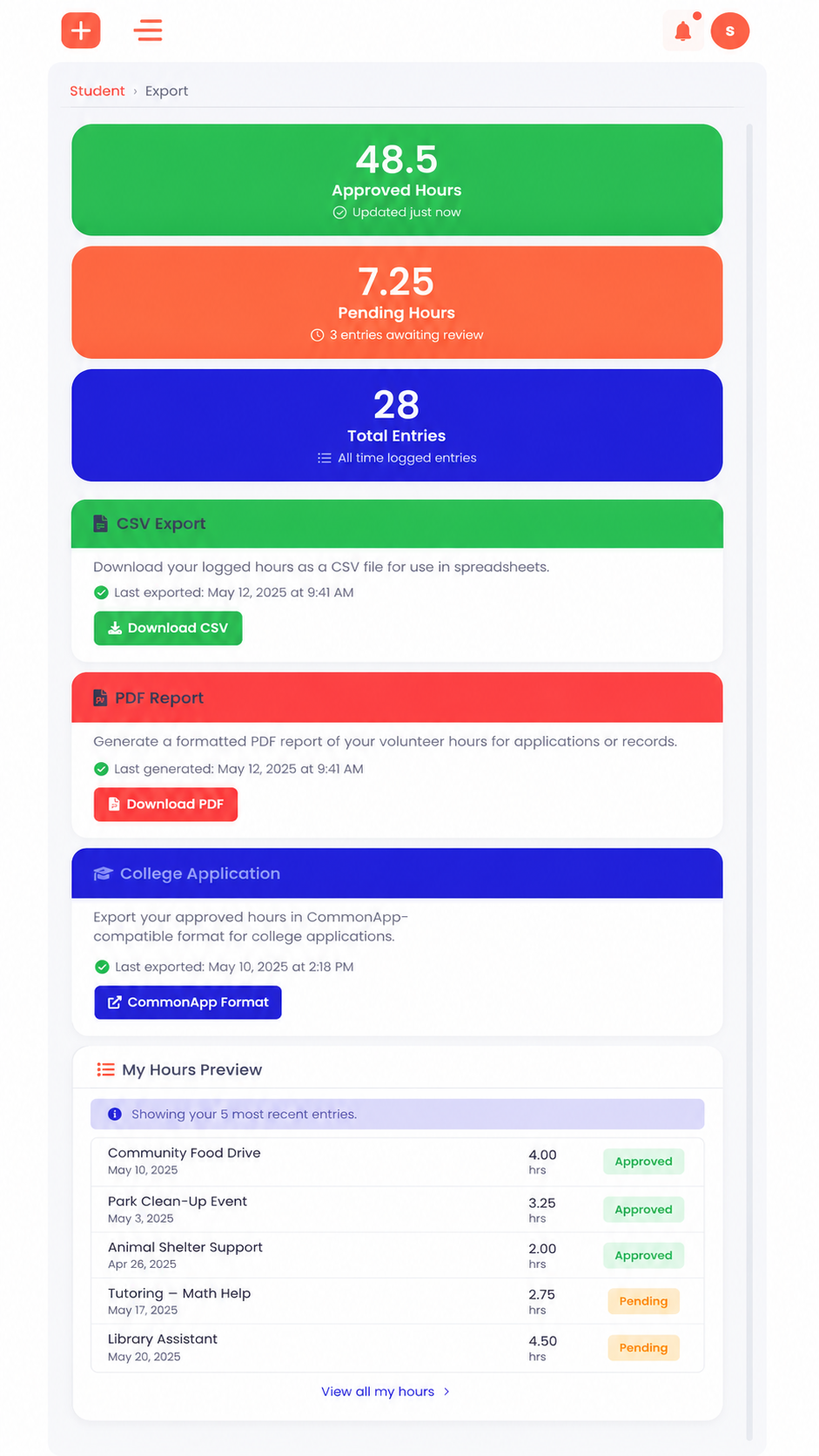 Student progress dashboard with completion ring, category breakdown, and CSV/PDF/CommonApp export options