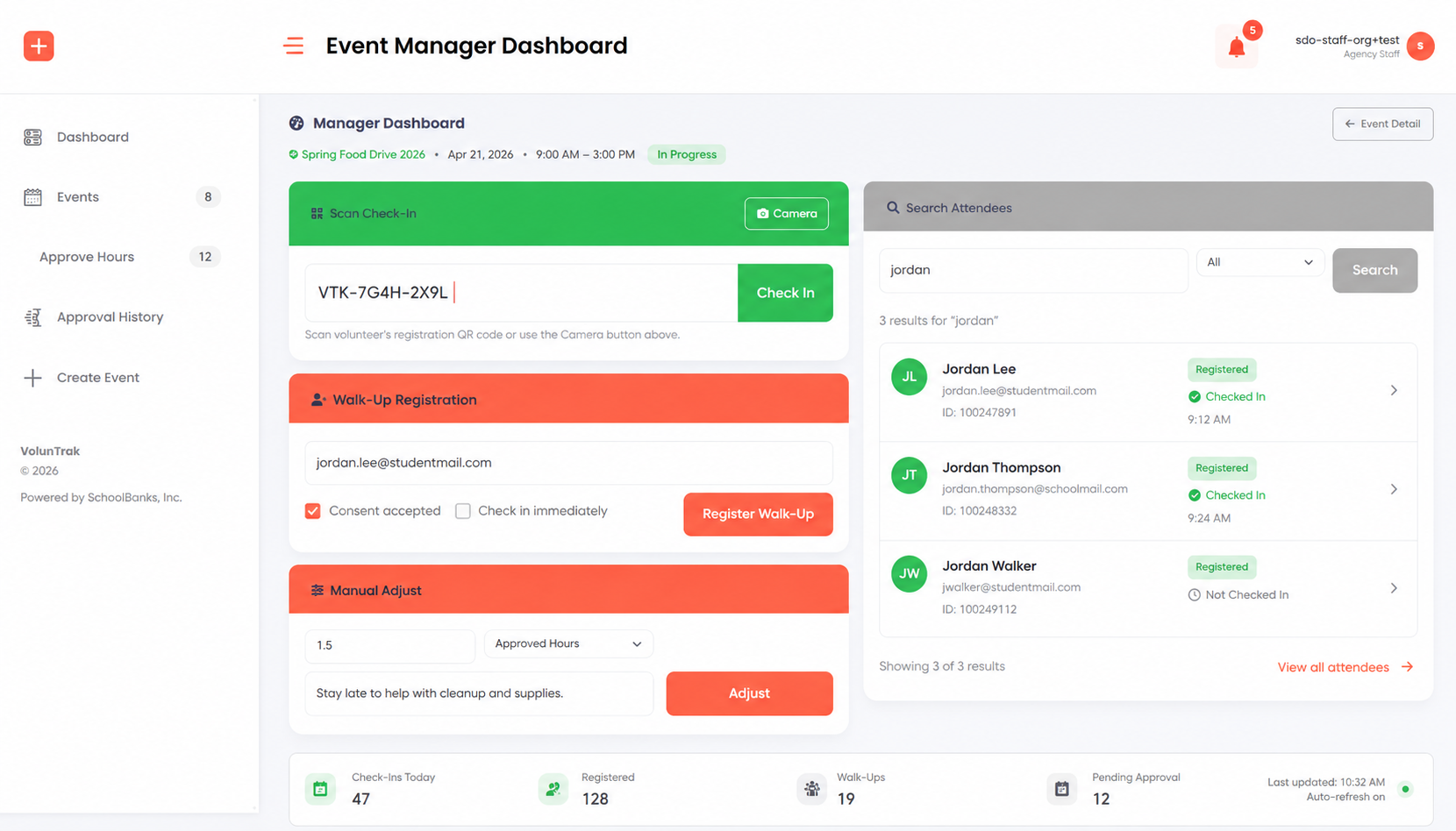 Event management screen with shift scheduling, volunteer slots, eligibility settings, and QR generation