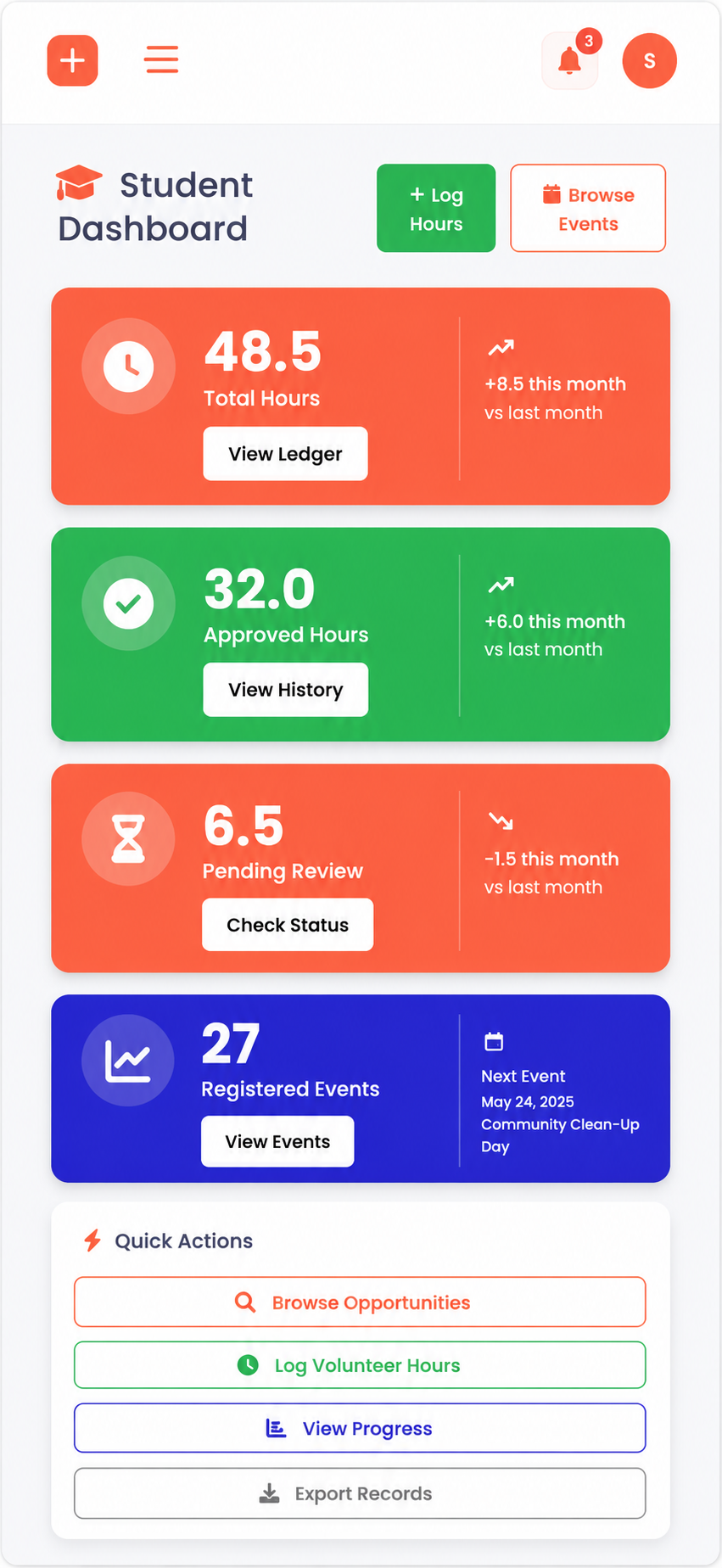 Student mobile dashboard showing volunteer hour progress ring and college export option