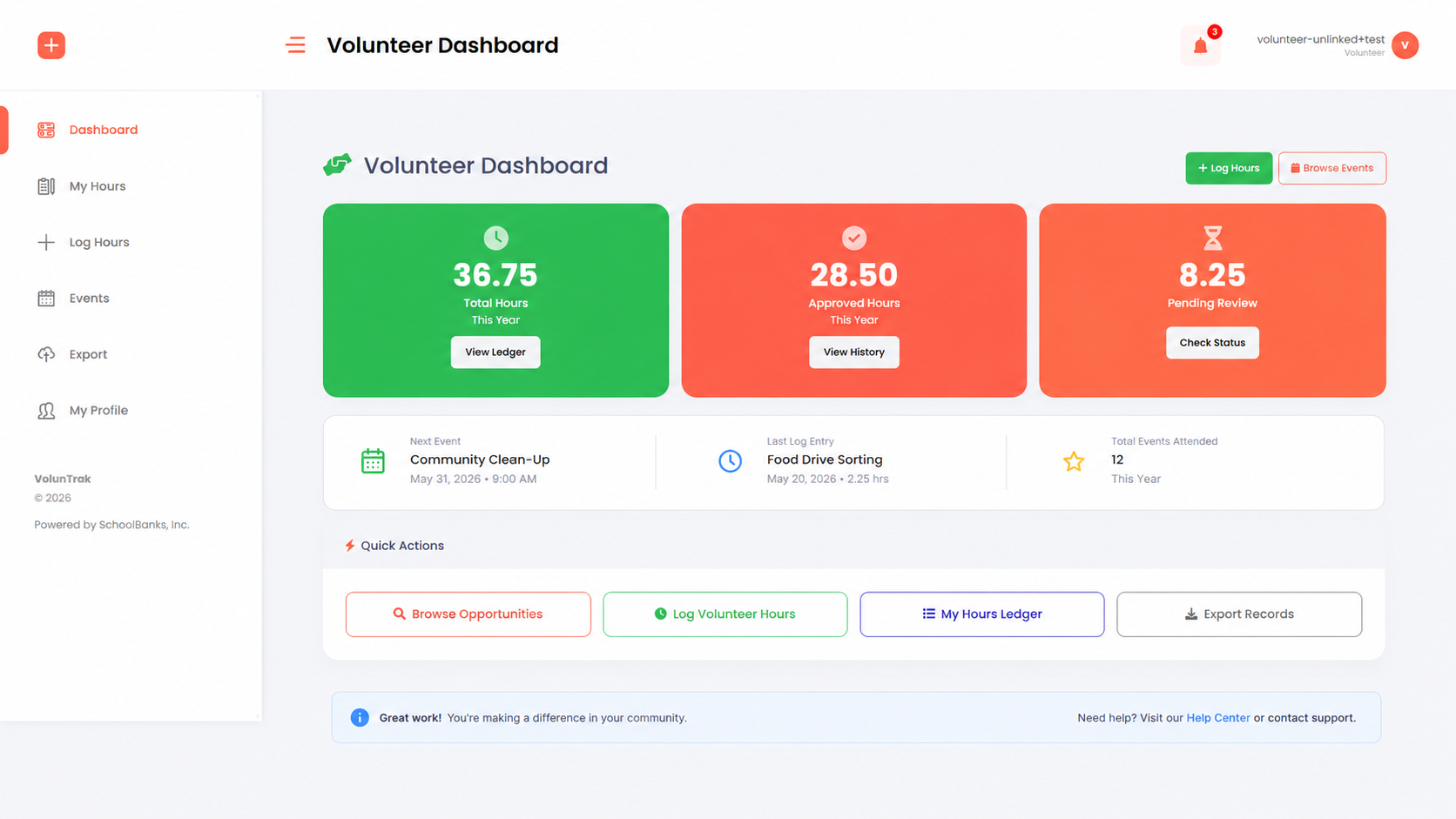 Volunteer profile dashboard showing total hours, agencies served, and service history